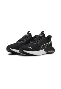 Pantofi sport negri cu superior din plasă, având accente albe și logo, talpă texturată și guler căptușit pentru confort.