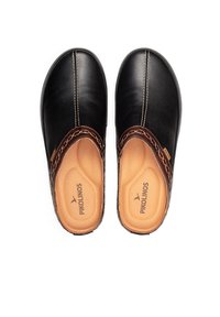 Sabots en cuir noir avec des accents cousus marron, semelles intérieures beiges rembourrées et finition lisse. Conçus pour un enfilage facile et un maximum de confort.