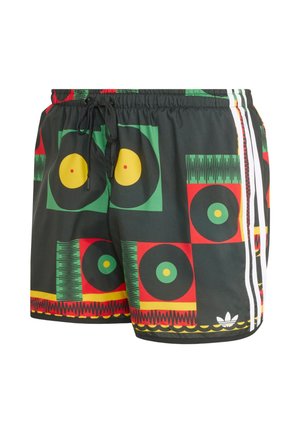 Spodenki kąpielowe z wzorem wielokolorowych płyt winylowych w odcieniach zieleni, czerwieni, żółci i czerni. Posiadają ściągacz w pasie i białe paski po bokach.