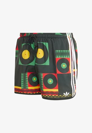 Spodenki kąpielowe z wzorem wielokolorowych płyt winylowych w odcieniach zieleni, czerwieni, żółci i czerni. Posiadają ściągacz w pasie i białe paski po bokach.