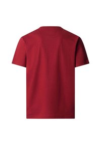 Rode katoenen T-shirt met korte mouwen, ronde halsontwerp en een gladde textuur. Geen zichtbare logo's of patronen. Alleen de achterkant.
