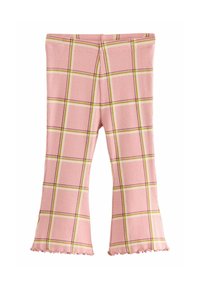 Leggings rosa a coste con un motivo scozzese giallo e viola, con fondo a zampa d'elefante e bordi arricciati. Tessuto morbido.
