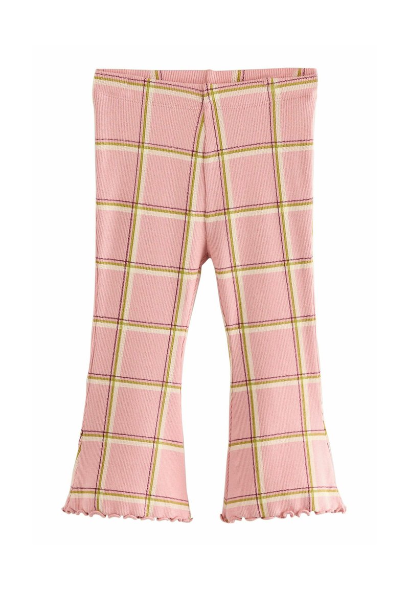 Leggings rosa a coste con un motivo scozzese giallo e viola, con fondo a zampa d'elefante e bordi arricciati. Tessuto morbido.