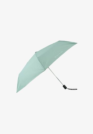 Lichtgroene paraplu met een zilveren aluminium steel en handvat; heeft een donker logo op het doek en een matte zwarte grip.