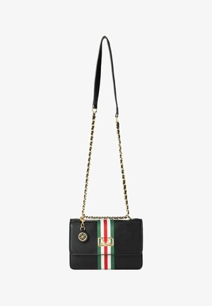 Black leather handbag with a gold chain strap, featuring a bold vertical stripe pattern in green, white, and red, and a gold logo detail.