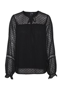 Blouse noire avec manches longues transparentes à pois, encolure ronde et détail de ruban à nouer. Présente un tissu texturé et des accents subtils en dentelle.