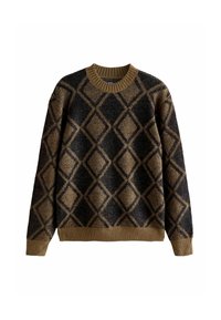 Maglione lavorato a maglia in nero e marrone con un motivo a diamante, collo e polsini a coste, caratterizzato da una superficie testurizzata e una vestibilità morbida.
