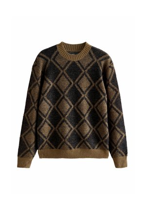 Knit sweater in black and brown with a diamond pattern, ribbed crew neck and cuffs, featuring a textured surface and relaxed fit.