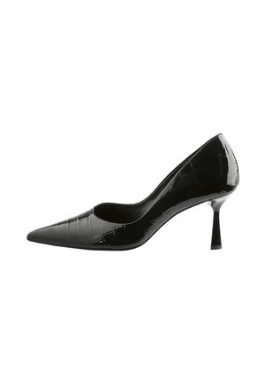 Black patent leather pointed-toe high heel shoe with a crocodile texture and slender heel against white background.