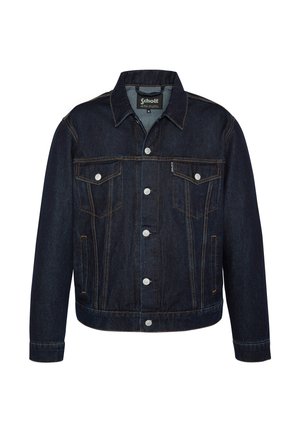 Donkerblauwe denimjack met een klassiek ontwerp, voorzien van twee borstzakken, zilveren knopen en contrasterende stiksels. Ribgebreide mouwen en zoom.