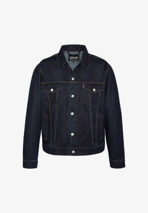 Donkerblauwe denimjack met een klassiek ontwerp, voorzien van twee borstzakken, zilveren knopen en contrasterende stiksels. Ribgebreide mouwen en zoom.
