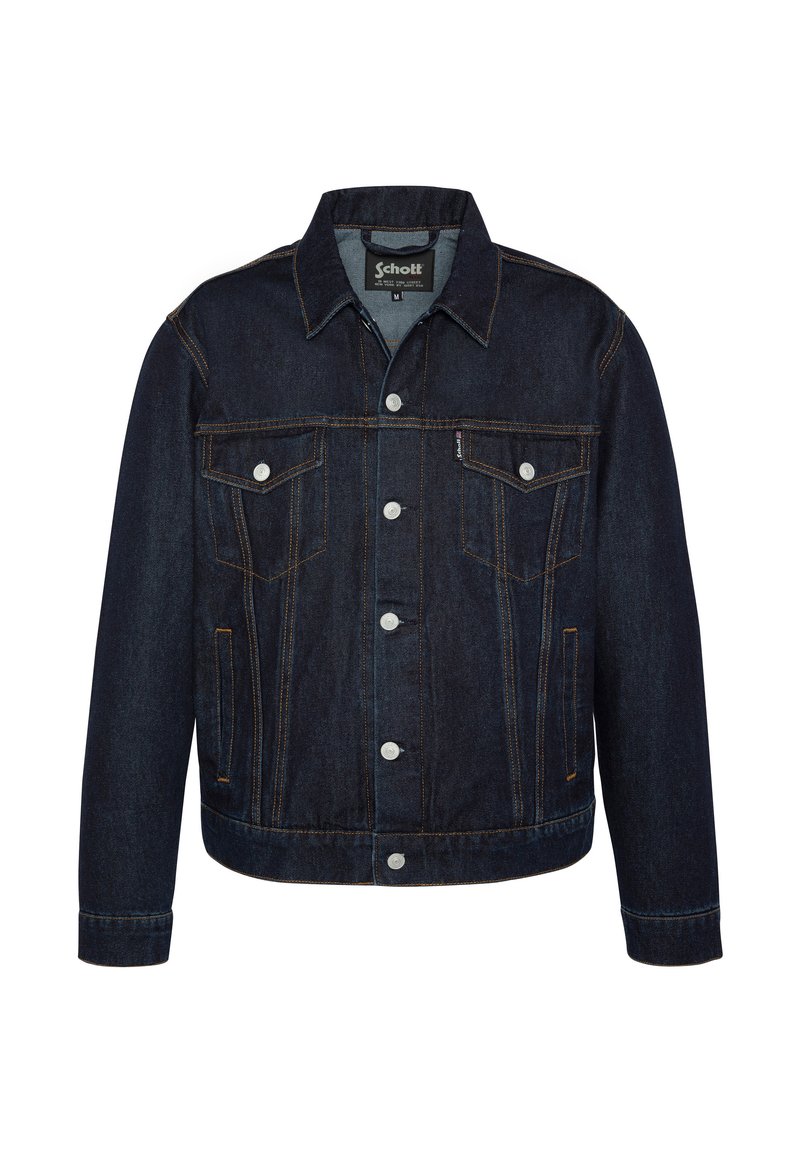 Mørkeblå denimjakke med klassisk design, der har to brystlommer, sølvknapper og kontrastsyninger. Ribbet manchetter og kant.