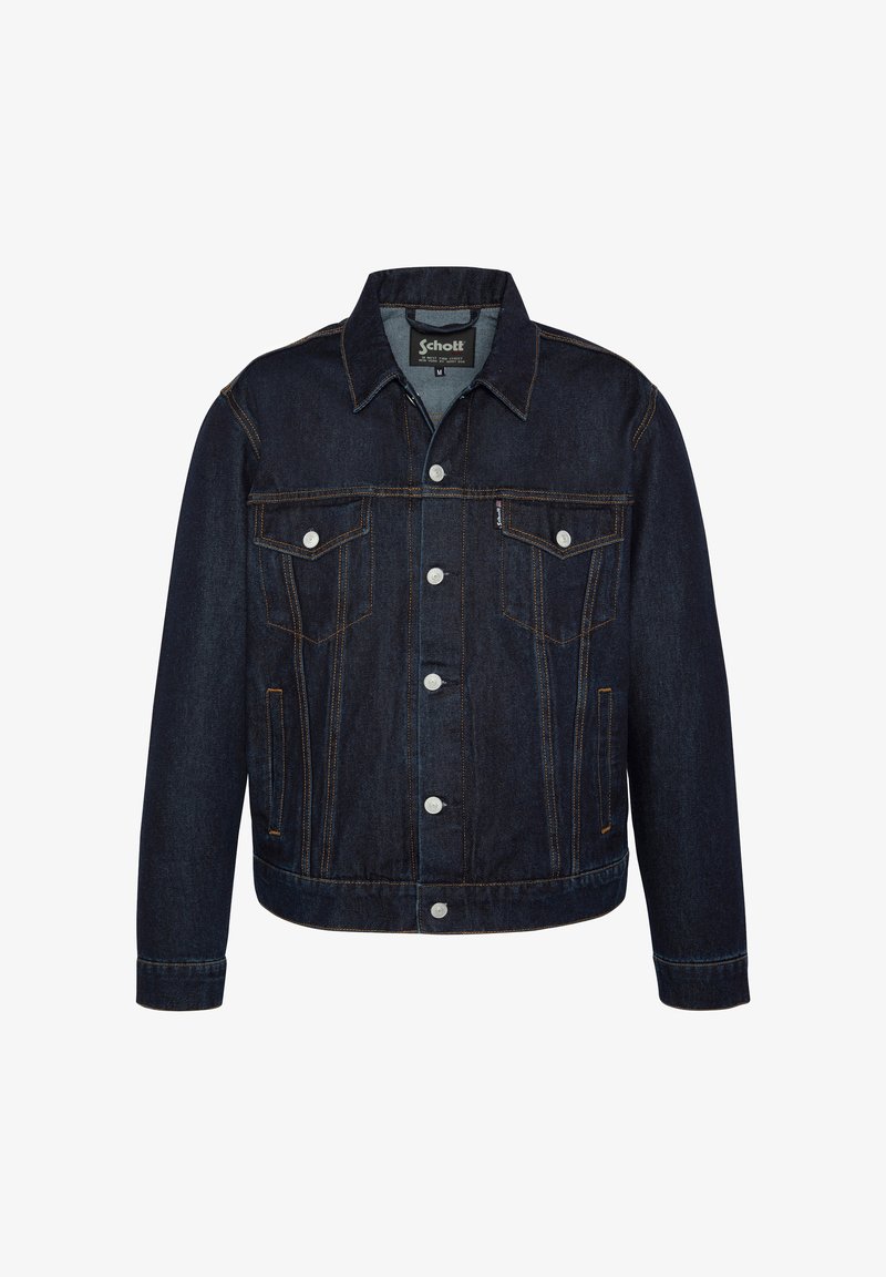 Donkerblauwe denimjack met een klassiek ontwerp, voorzien van twee borstzakken, zilveren knopen en contrasterende stiksels. Ribgebreide mouwen en zoom.