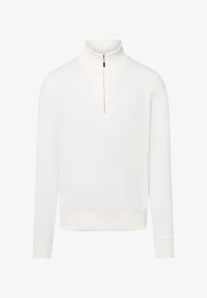 Weißer Pullover mit Reißverschluss bis zum Viertelkragen, gerippten Bündchen und Saum. Aus weichem Stoff mit glatter Textur. Einfaches Design.