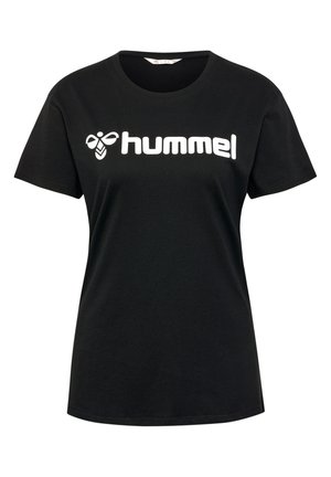 Svart bomullströja med en framträdande vit "hummel"-logotyp och en bi-grafik på framsidan. Kort ärm och rund halsringning.