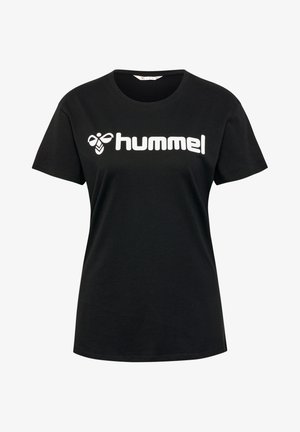 T-shirt nera in cotone con un grande logo bianco "hummel" e una grafica di un'ape sul fronte. Maniche corte e scollatura rotonda.