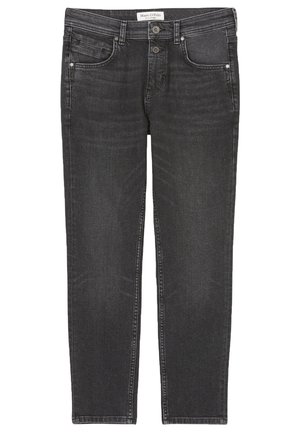 Ciemnoszare dżinsy o wąskim kroju z zapięciem na guziki z przodu, pięcioma kieszeniami i subtelnymi efektami przetarć, oznaczone marką Marc O'Polo.