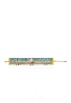 Layered bracelet with turquoise beads, gold chains, and small round charms, featuring a gold clasp and adjustable chain.