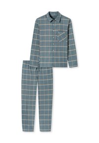 Miesten yöpuvuissa on teal-väriä, jossa on beige ruutukuosi. Pitkähihainen paita, jossa on kaulus ja rintatasku; housuissa on joustava vyötärö.