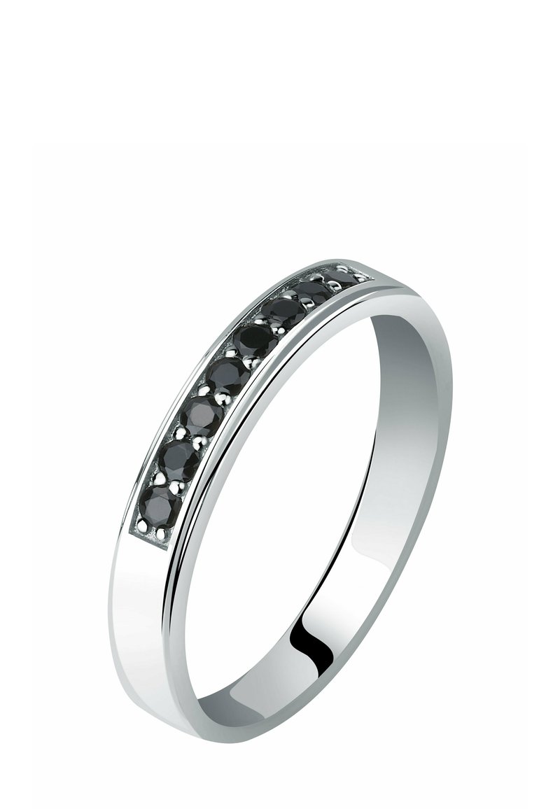 Silver ring featuring a black stone inlay with multiple round stones set along the band, polished finish, and sleek, minimalist design.