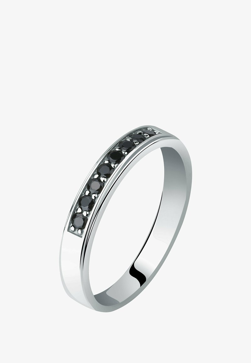 Silver ring featuring a black stone inlay with multiple round stones set along the band, polished finish, and sleek, minimalist design.