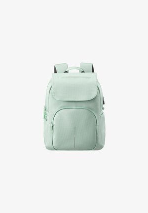 Zaino di un delicato verde menta con finitura testurizzata, tasche con cerniera, spallacci imbottiti e una maniglia superiore per il trasporto.