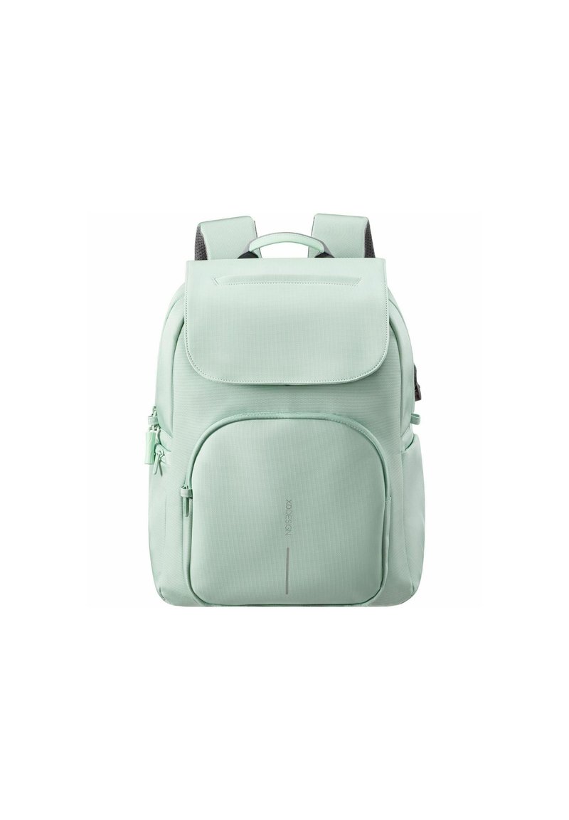 Sac à dos vert menthe clair avec une finition texturée, poches zippées, bretelles rembourrées et une poignée supérieure pour le transport.