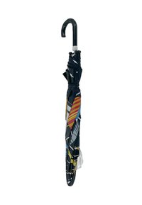 Black folding umbrella with colorful geometric patterns, curved handle, and button closure. Features a compact design for portability.