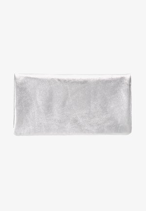 Silberner metallischer Clutch mit einer glatten, glänzenden Textur. Rechteckige Form ohne sichtbare Beschläge oder Akzente. Einfaches, minimalistisches Design.