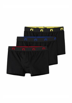 Tres pares de bóxers negros con cinturillas elásticas de colores amarillo, azul y rojo, con detalles del logo en cada cinturilla.