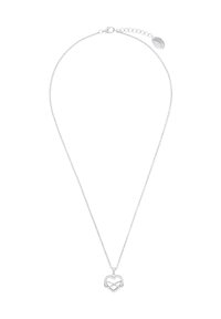 Srebrny naszyjnik z małym serduszkiem w kształcie zawieszki, ozdobionym symbolem nieskończoności wysadzanym przezroczystymi kryształkami, na cienkim łańcuszku z zapięciem typu lobster.