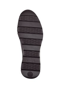 Schwarze Gummi-Schuhsohle mit horizontalen Rillen, strukturierten Mustern und kreisförmigen Akzenten. Verfügt über markante Rillen für Traktion.