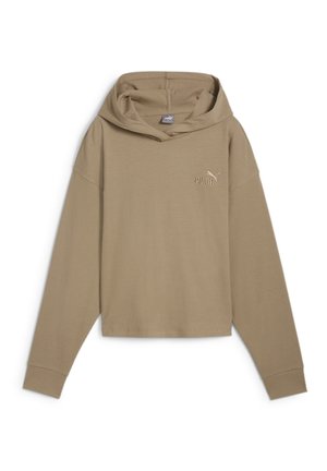 Hoodie khaki a coste con una vestibilità rilassata, dotato di tasca a marsupio e logo ricamato sul lato sinistro del petto. Maniche lunghe con orli a coste.
