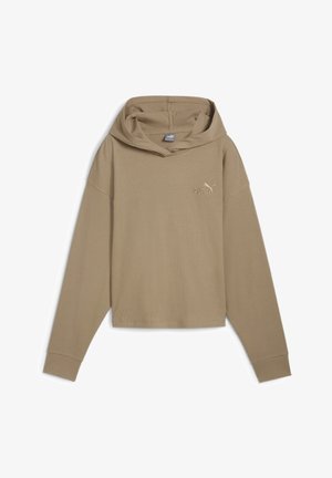 Hoodie khaki a coste con una vestibilità rilassata, dotato di tasca a marsupio e logo ricamato sul lato sinistro del petto. Maniche lunghe con orli a coste.