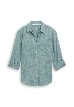 Hellgrünes, geknöpftes Hemd aus gewebtem Stoff mit Karomuster. Es hat einen Kragen, lange Ärmel und eine lockere Passform.