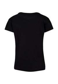 Black cotton t-shirt with short sleeves, round neckline, and a fitted shape. Smooth texture and solid color, no patterns or accents.
