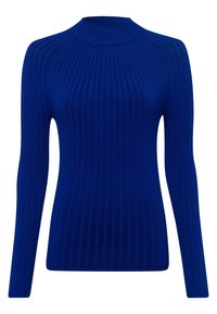 Sweter z prążkowanego dzianiny w jasnym niebieskim kolorze, z wysokim kołnierzem i długimi rękawami; gładka faktura z dopasowanym krojem na całej powierzchni.