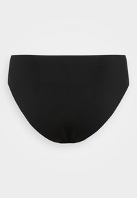 Black bikini bottom with a smooth, stretchy fabric. Features a classic design and moderate coverage with a seamless finish.