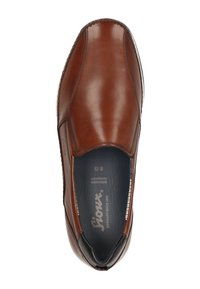 Brauner Leder-Slipper mit glatter Oberfläche, elastischen Seiteneinsätzen und gerundetem Zehenbereich. Das Innenfutter verfügt über eine gepolsterte Einlegesohle und ein Logo.