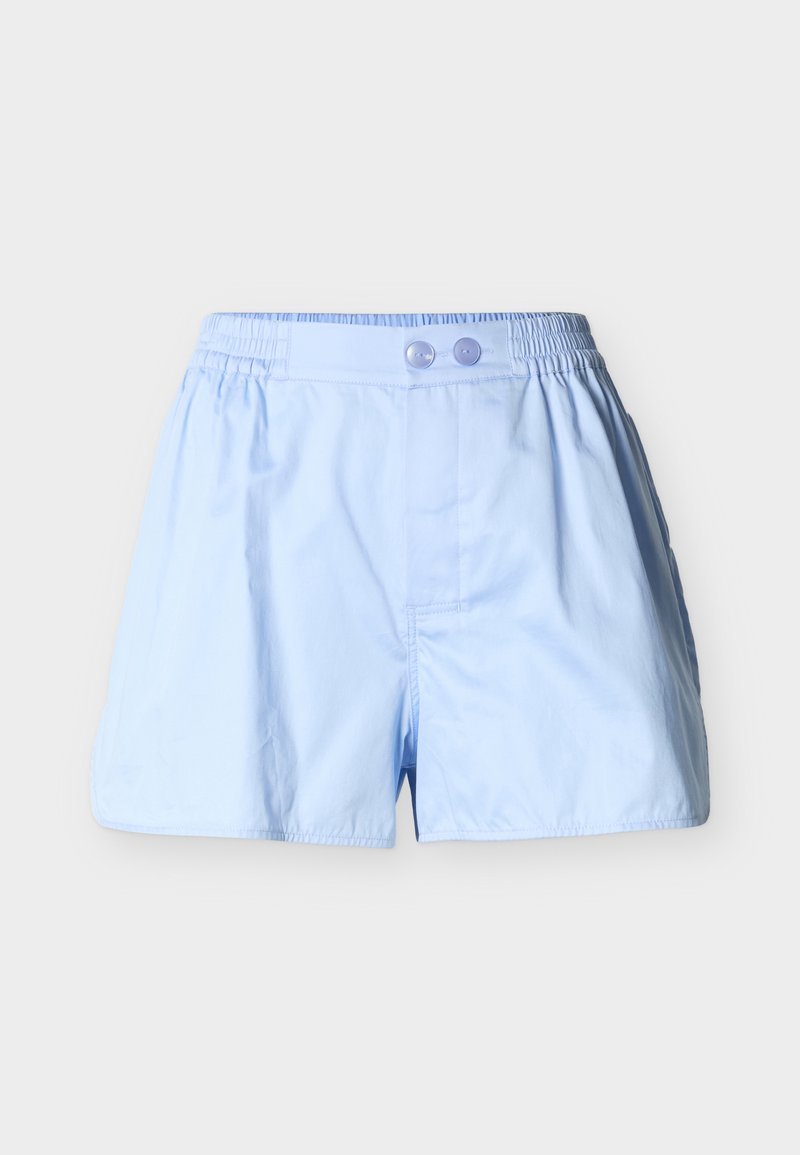 helehallid elastse vöökohaga lühikesed püksid, millel on vöörihmal kaks nuppu, valmistatud kergest kangast, kujutatud valgel taustal.