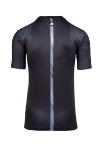 Zwart sportshirt met korte mouwen, voorzien van een gladde textuur, met een grijze verticale streep en stippenaccenten op de schouder.