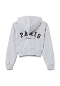 Felpa grigia corta con cappuccio. Presenta la scritta "PARIGI" in grassetto nero e "C’est la Vie" in corsivo rosso sul retro.