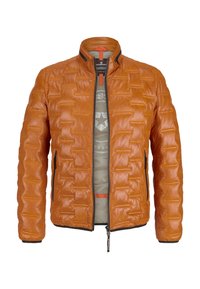 Braune Lederjacke mit gepolsterter Textur, Reißverschluss, Stehkragen und Seitentaschen, mit einem hellgrauen Innenfutter.