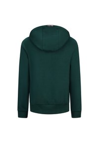 Groene hoodie gemaakt van zachte stof. Heeft lange mouwen, geribde boorden en een afgeronde zoom. Label op de achterkant van de nek.