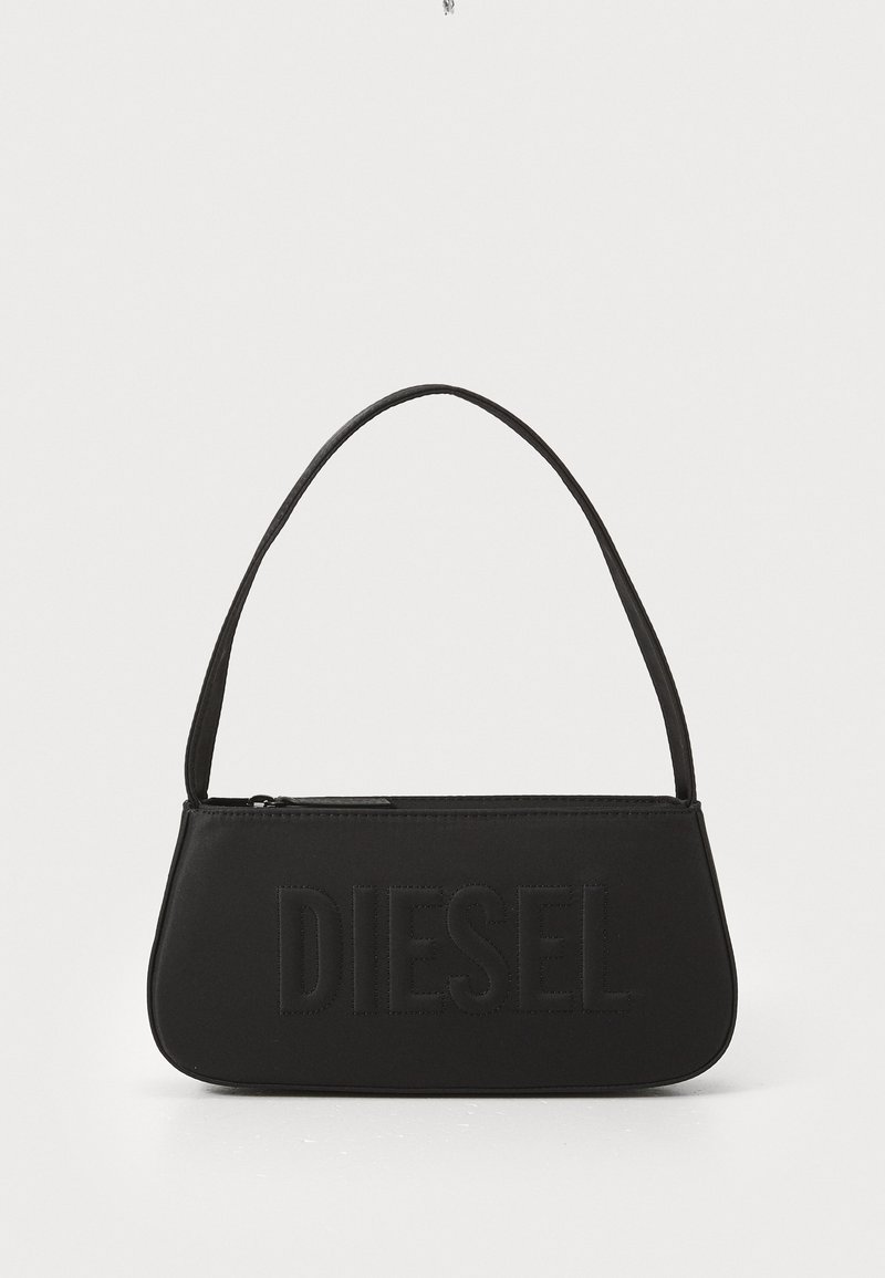 Mustapussi, jossa on kaareva siluetti, valmistettu sileästä materiaalista, etuosassa kohokuvioitu "DIESEL"-logo ja ohut olkahihna.