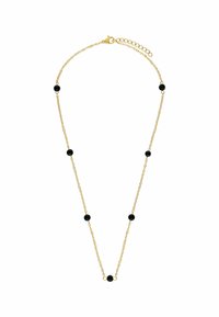 Collier en chaîne dorée avec de petites perles rondes noires espacées le long de la longueur. Comprend un fermoir et une chaîne d'extension ajustable.