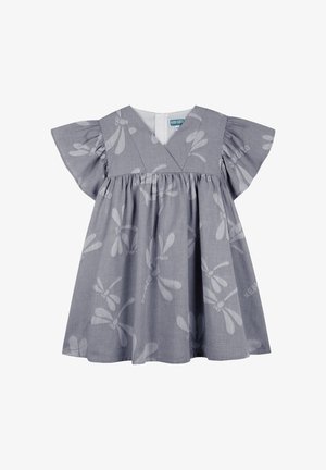 Robe grise avec des manches courtes volantées, dotée d'un col en V et d'une taille froncée. Décorée d'un motif subtil de libellules.