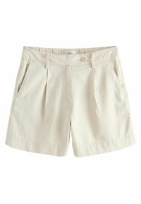 Beżowe szorty z wysokim stanem, z fałdami na przodzie, bocznymi kieszeniami, pętlami na pasek i pojedynczym zapięciem na guzik w pasie.