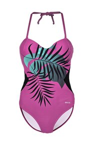 Maillot de bain violet avec des panneaux latéraux noirs, présentant un motif de feuilles vertes et noires sur le devant. Bretelles réglables pour un ajustement parfait. Étiquette de marque visible.
