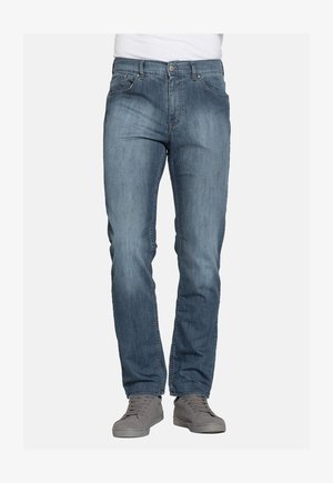 Jeans in denim azzurro chiaro con vestibilità dritta, caratterizzati da un design a cinque tasche, passanti per la cintura e un delicato effetto di whiskering.